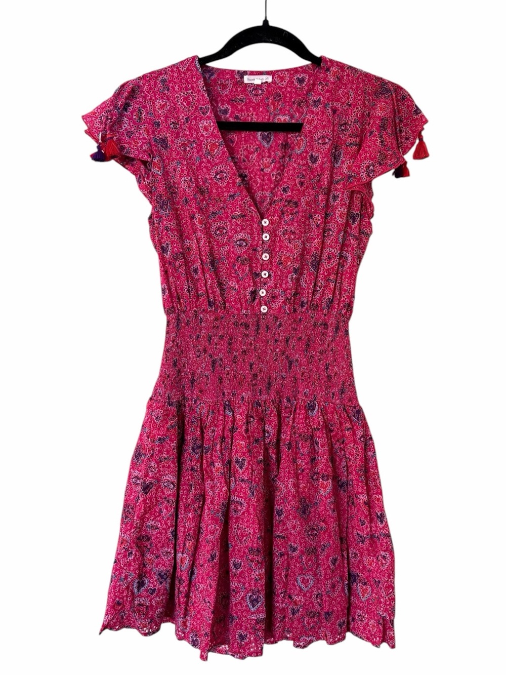 Poupette St. Barth Fuchsia Pink Floral Hearts V-Neck Mini Dress